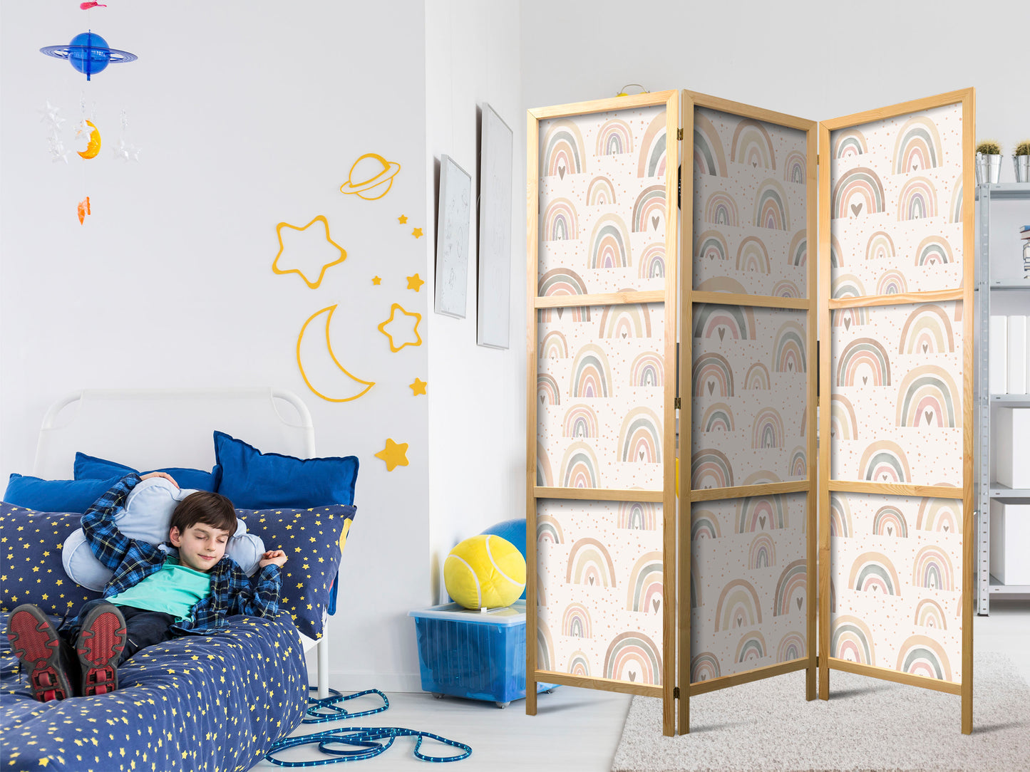 Japanese Room Divider - Spring - Pastel Rainbows on a Rainy Day with Hearts.