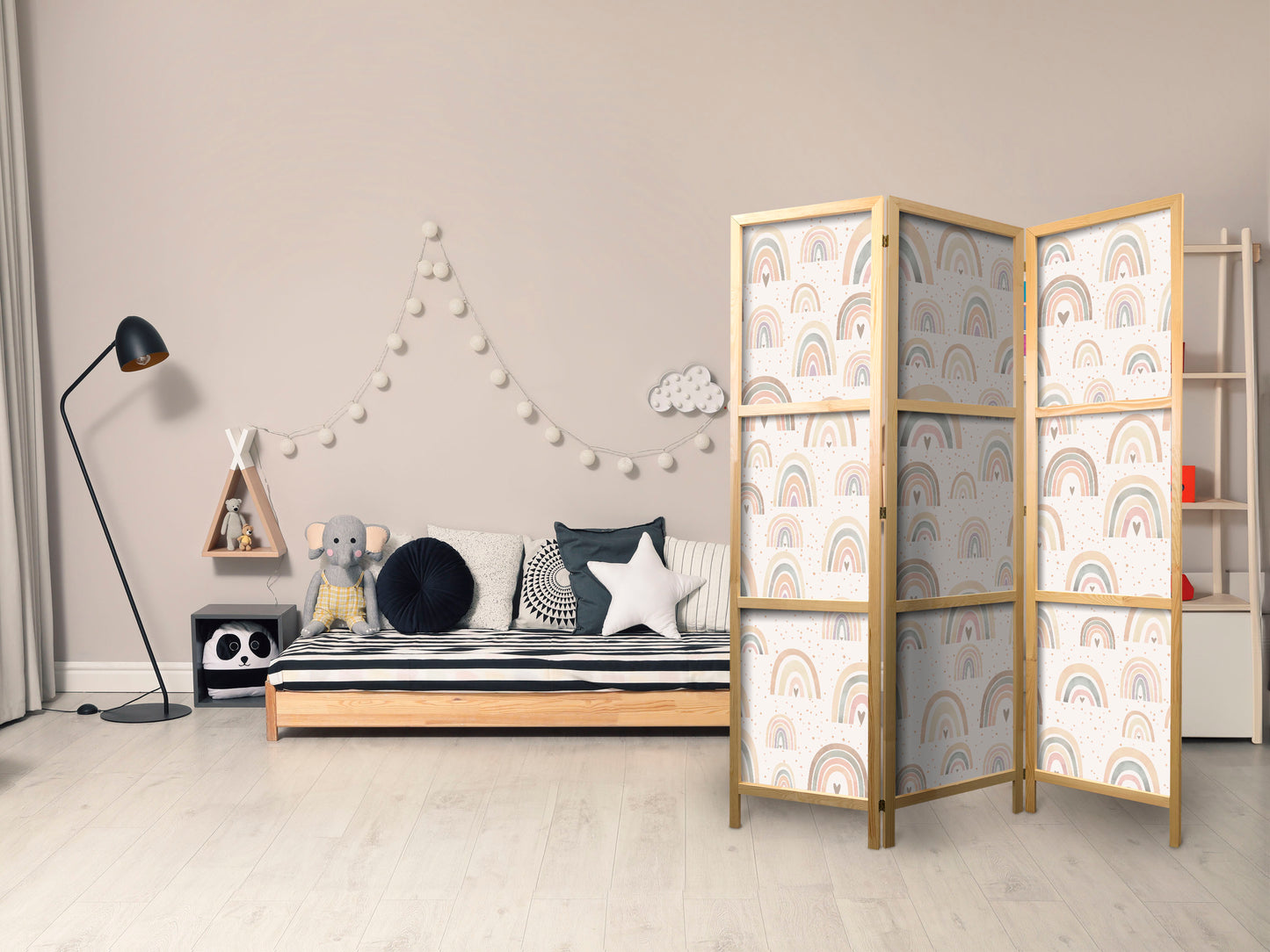 Japanese Room Divider - Spring - Pastel Rainbows on a Rainy Day with Hearts.