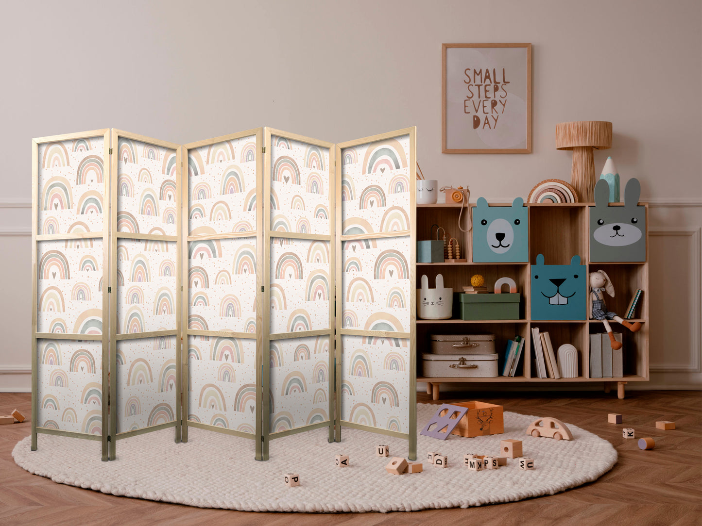 Japanese Room Divider - Spring - Pastel Rainbows on a Rainy Day with Hearts.