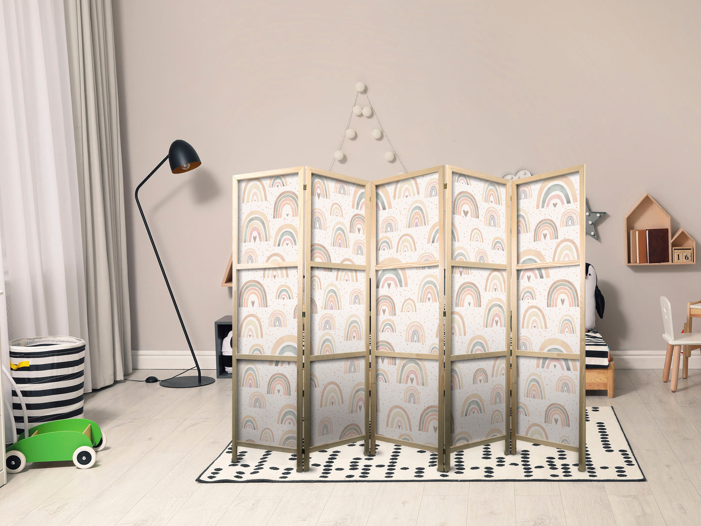 Japanese Room Divider - Spring - Pastel Rainbows on a Rainy Day with Hearts.