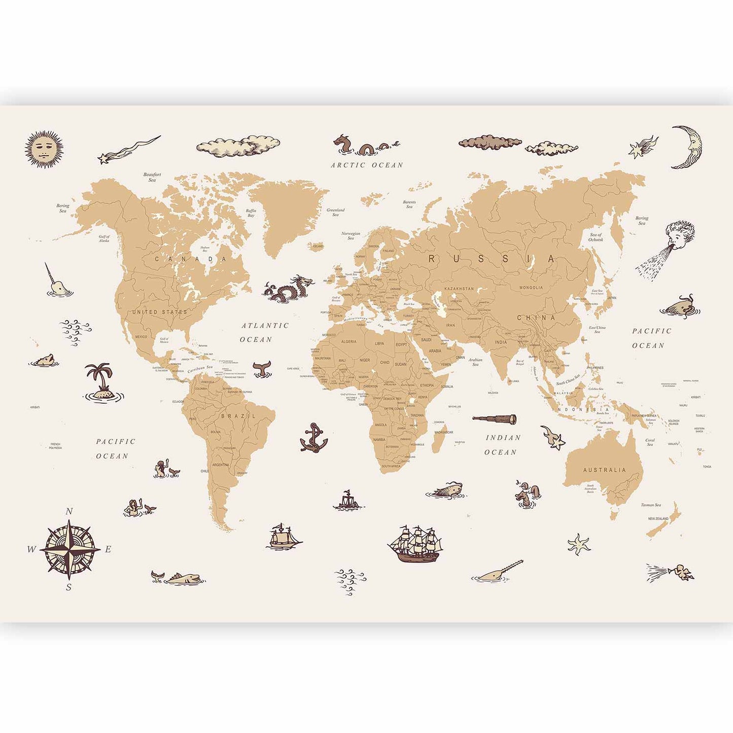 Wall Mural - Sea Wolf Map - Countries With Pirate Illustrations