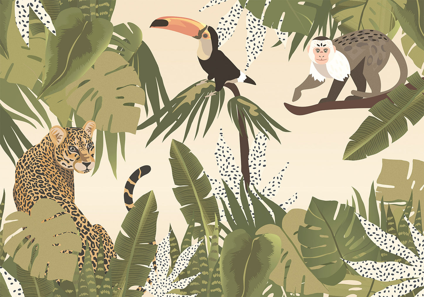 Wall Mural - Leaves and Shapes - Jungle in Faded Colours With Animals