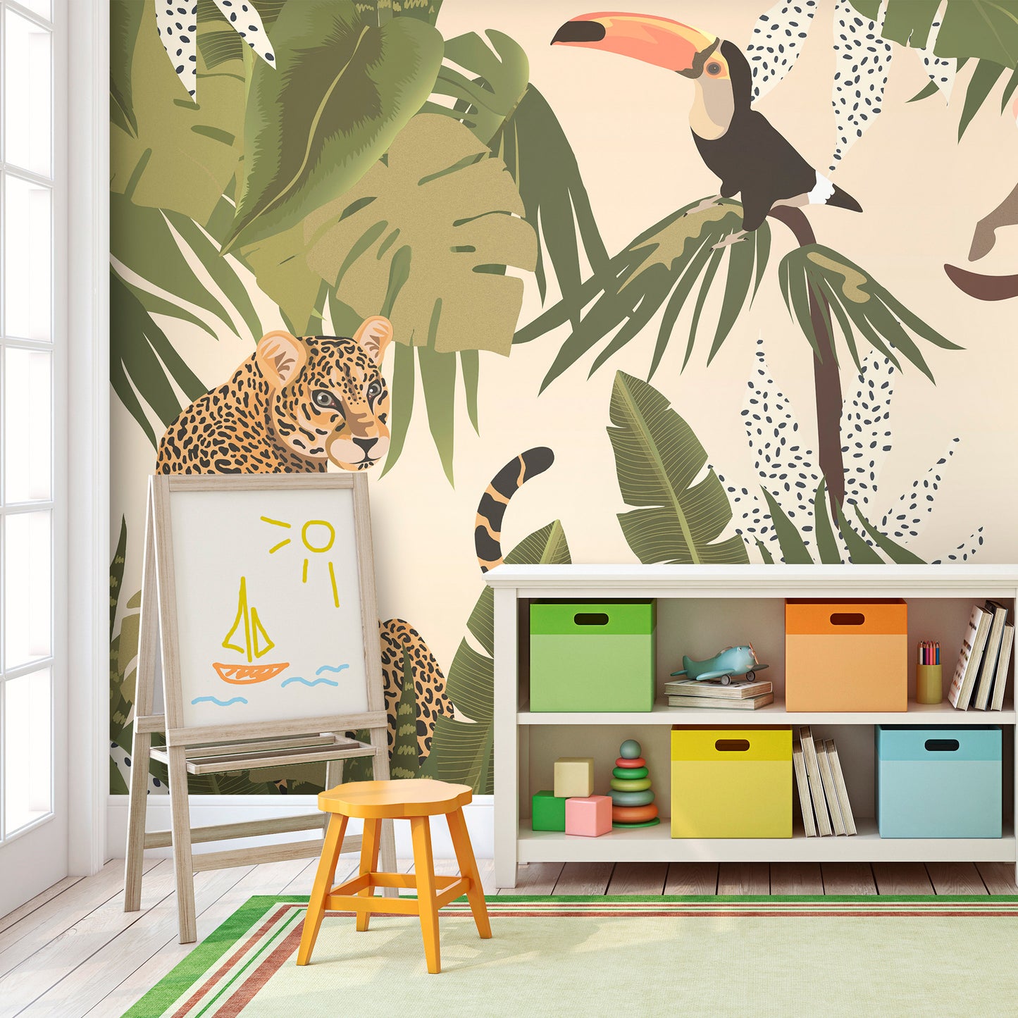 Wall Mural - Leaves and Shapes - Jungle in Faded Colours With Animals