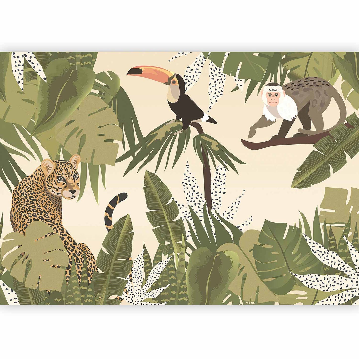 Wall Mural - Leaves and Shapes - Jungle in Faded Colours With Animals