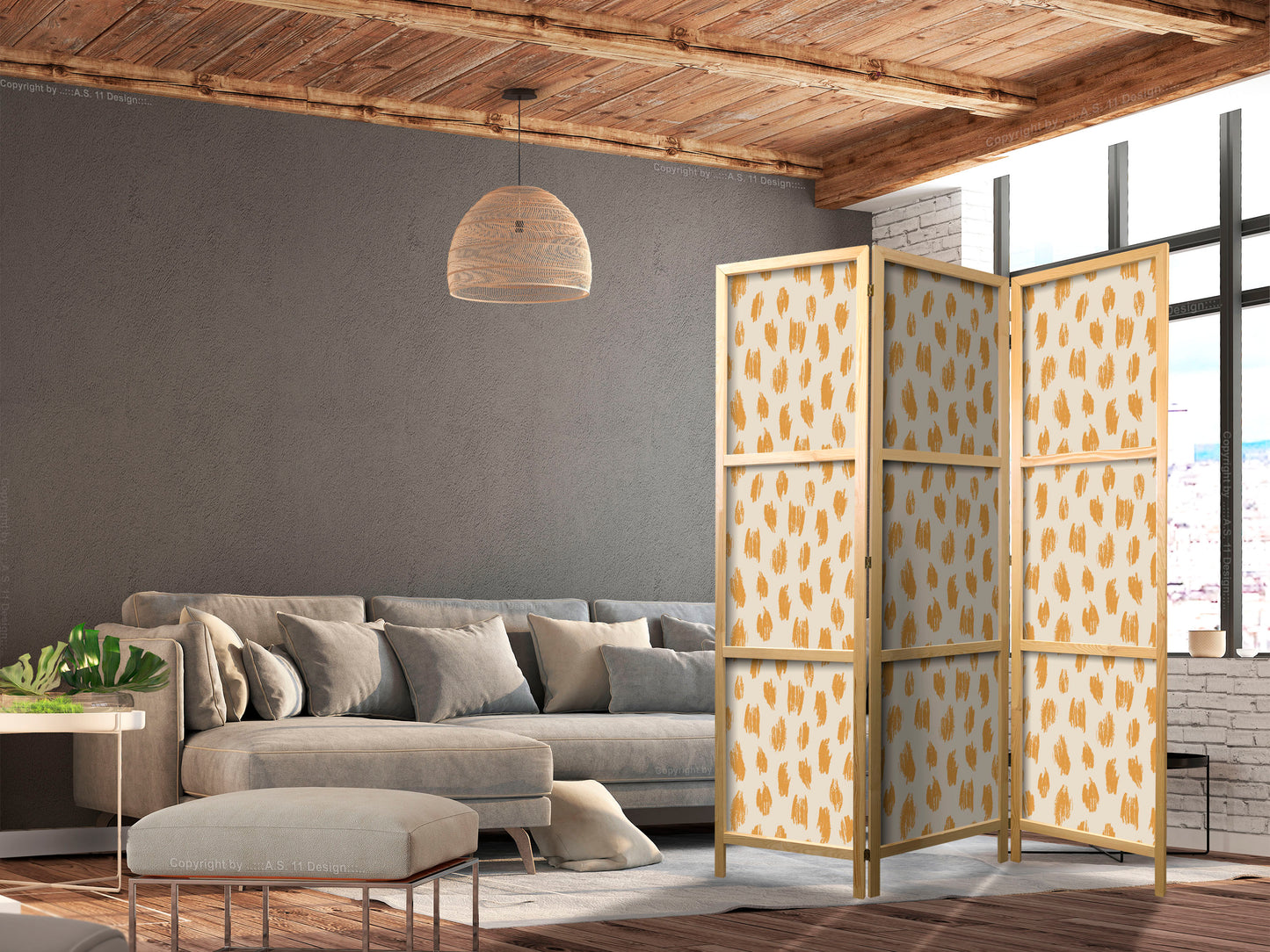 Japanese Room Divider - Drawn Pattern in Dots and Spots - in Shades of Orange and Ecru.