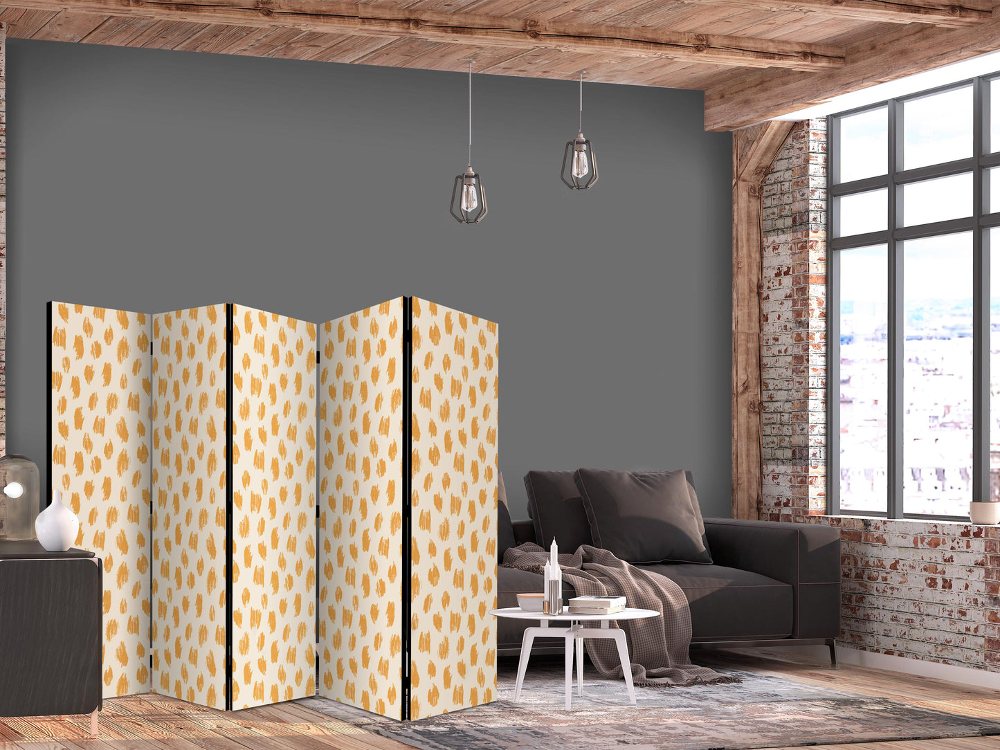 Room Divider - Drawn Pattern in Spots and Dots in Shades of Orange and Ecru