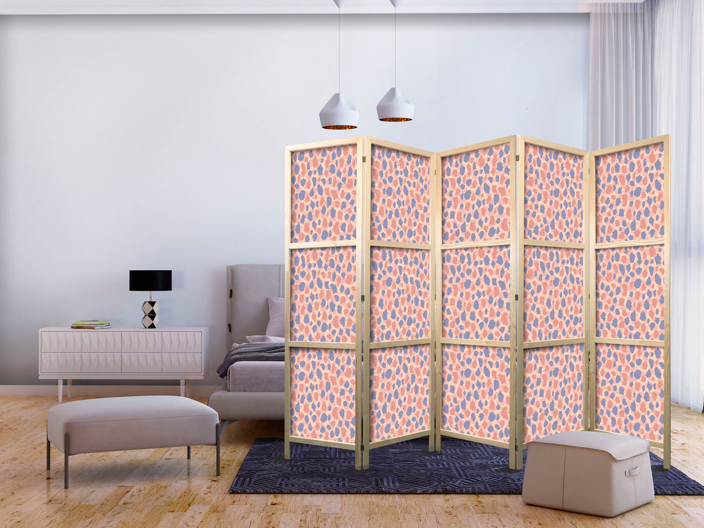 Japanese Room Divider - Giraffe Pattern - Colorful Animal Pattern in Blue-Pink Spots.