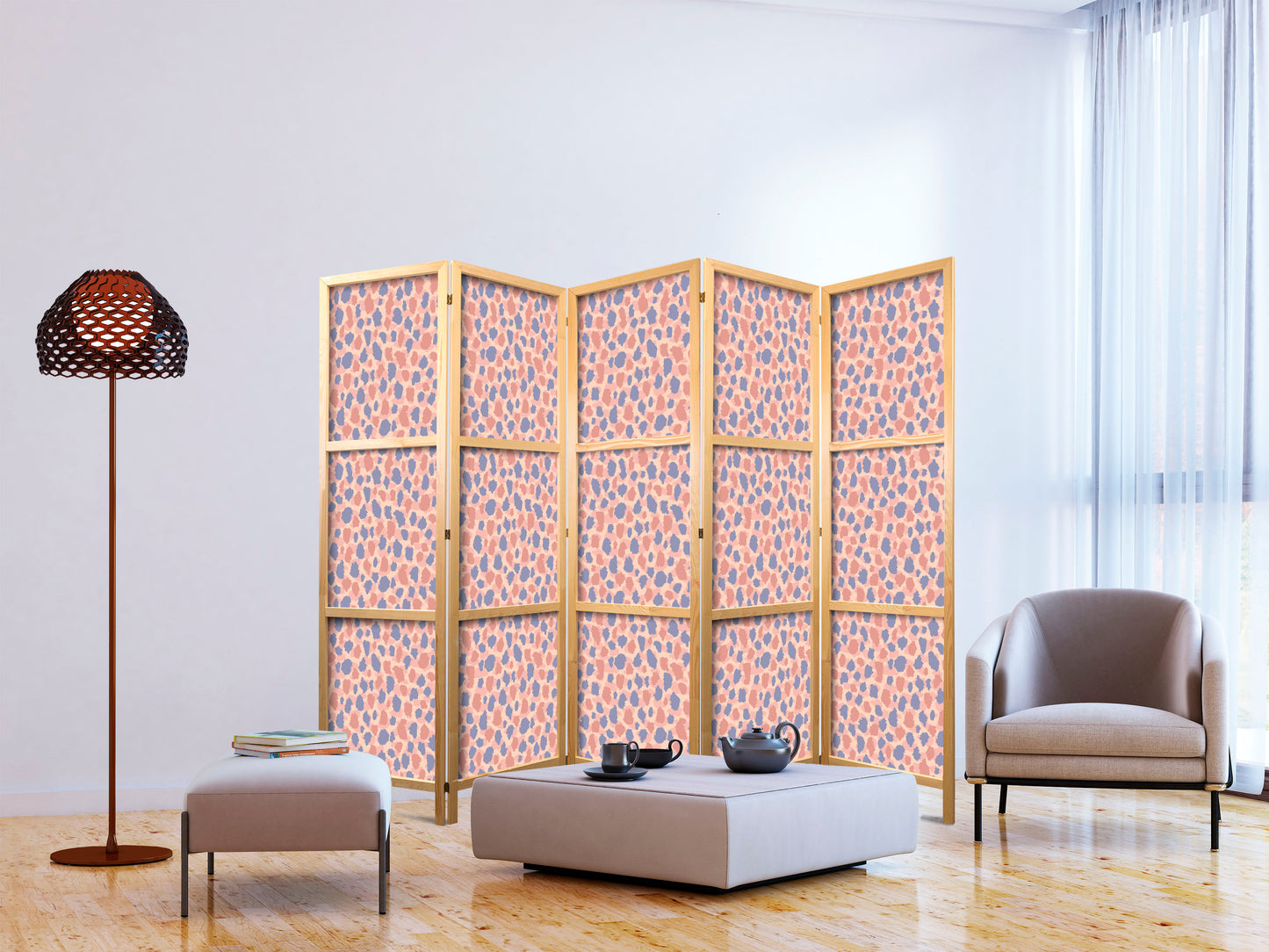 Japanese Room Divider - Giraffe Pattern - Colorful Animal Pattern in Blue-Pink Spots.
