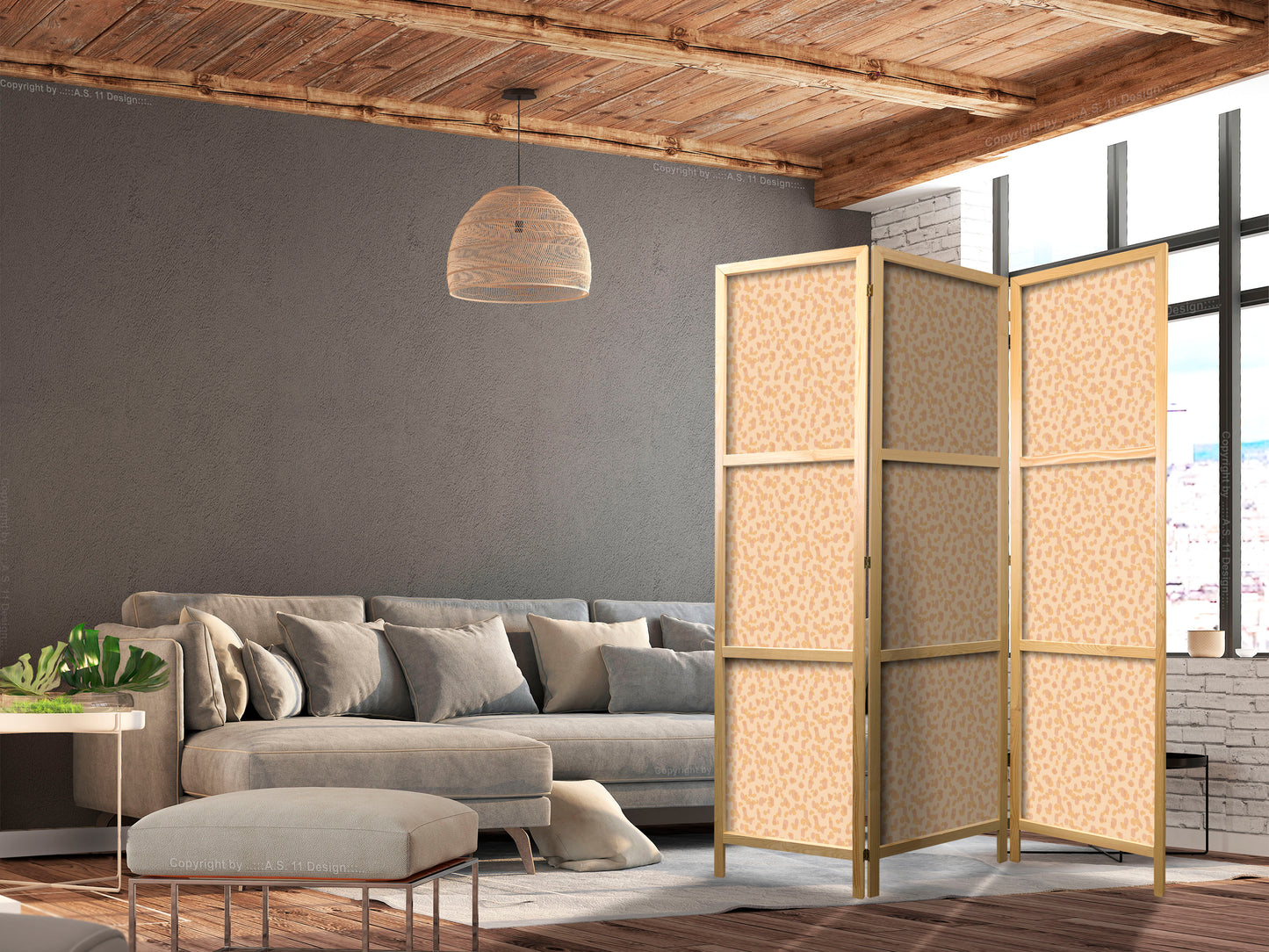 Japanese Room Divider - Tiny Dots - Optimistic Pattern in Peach Colors.