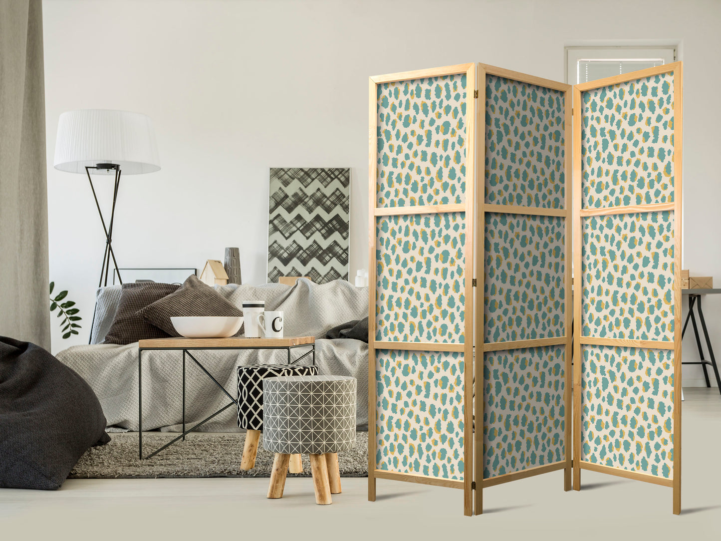 Japanese Room Divider - Giraffe Pattern - Animal Pattern in Turquoise Spots on a Light Background.