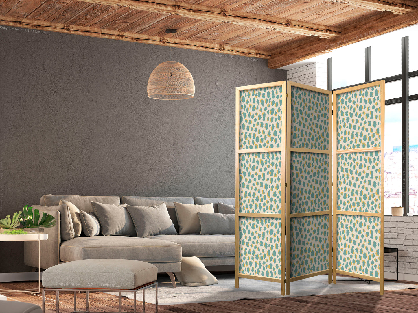 Japanese Room Divider - Giraffe Pattern - Animal Pattern in Turquoise Spots on a Light Background.