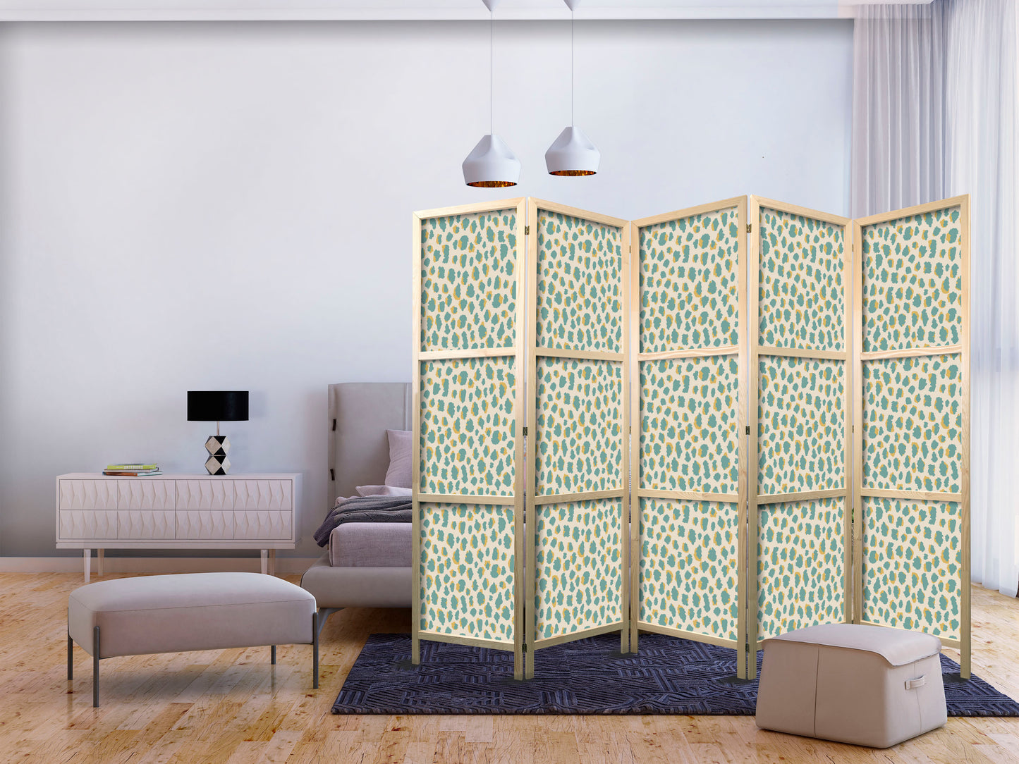 Japanese Room Divider - Giraffe Pattern - Animal Pattern in Turquoise Spots on a Light Background.