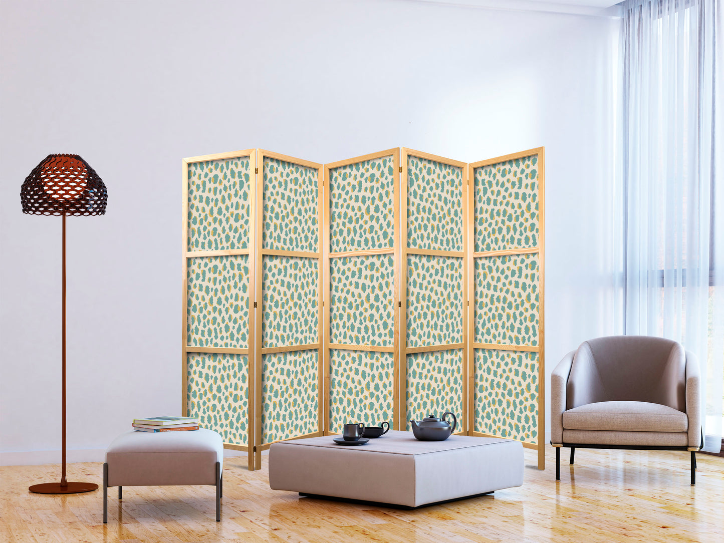 Japanese Room Divider - Giraffe Pattern - Animal Pattern in Turquoise Spots on a Light Background.
