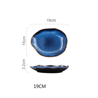 Blue ceramic dish. Irregular artistic flat plates