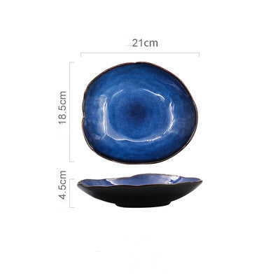 Blue ceramic dish. Irregular artistic flat plates