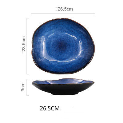 Blue ceramic dish. Irregular artistic flat plates
