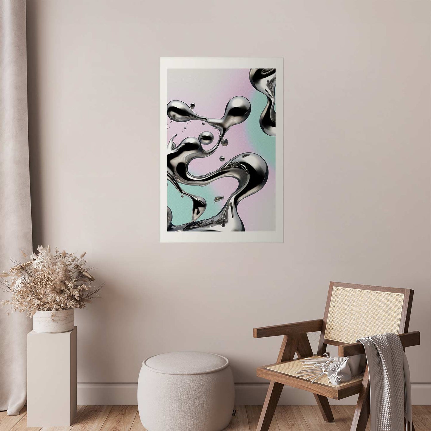 Póster - Fluidez metálica: formas abstractas plateadas sobre un fondo morado menta.
