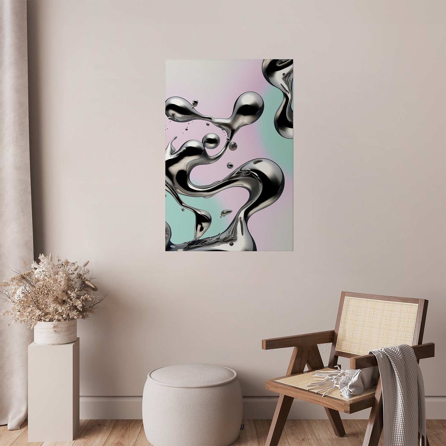 Póster - Fluidez metálica: formas abstractas plateadas sobre un fondo morado menta.