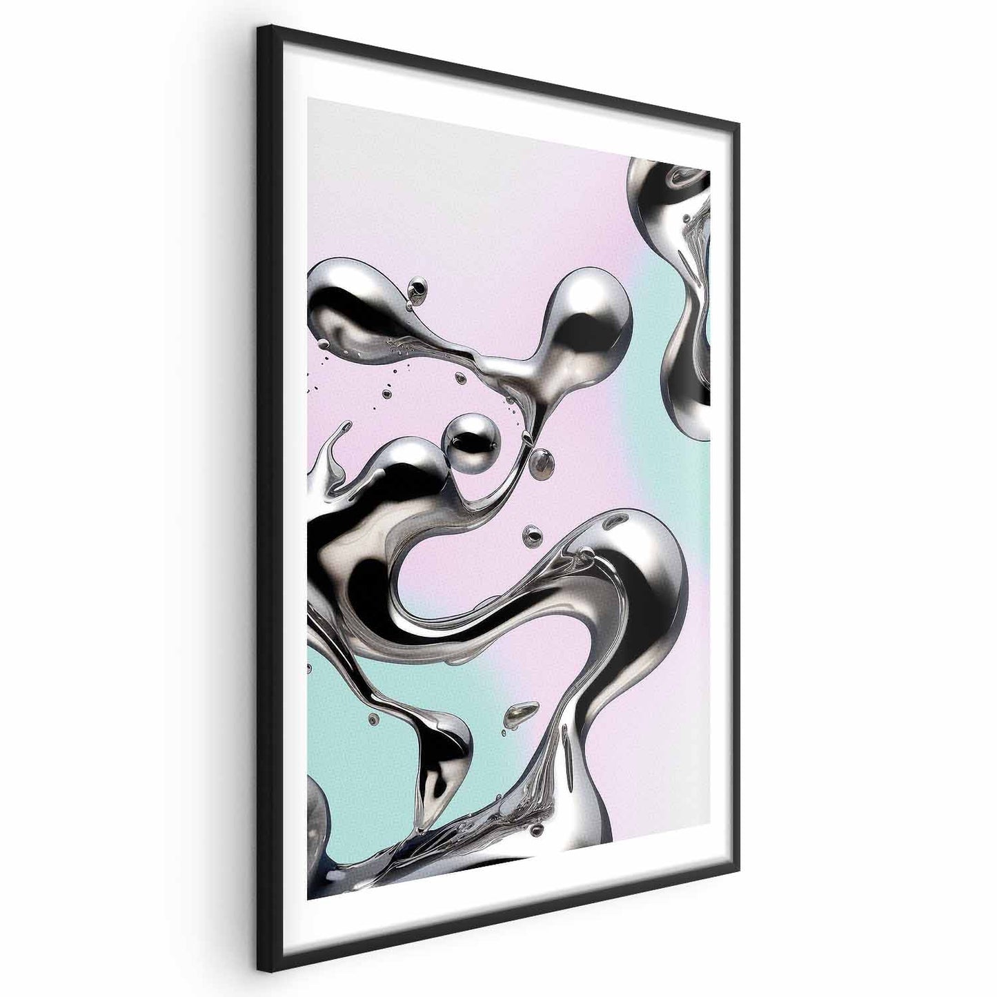 Póster - Fluidez metálica: formas abstractas plateadas sobre un fondo morado menta.