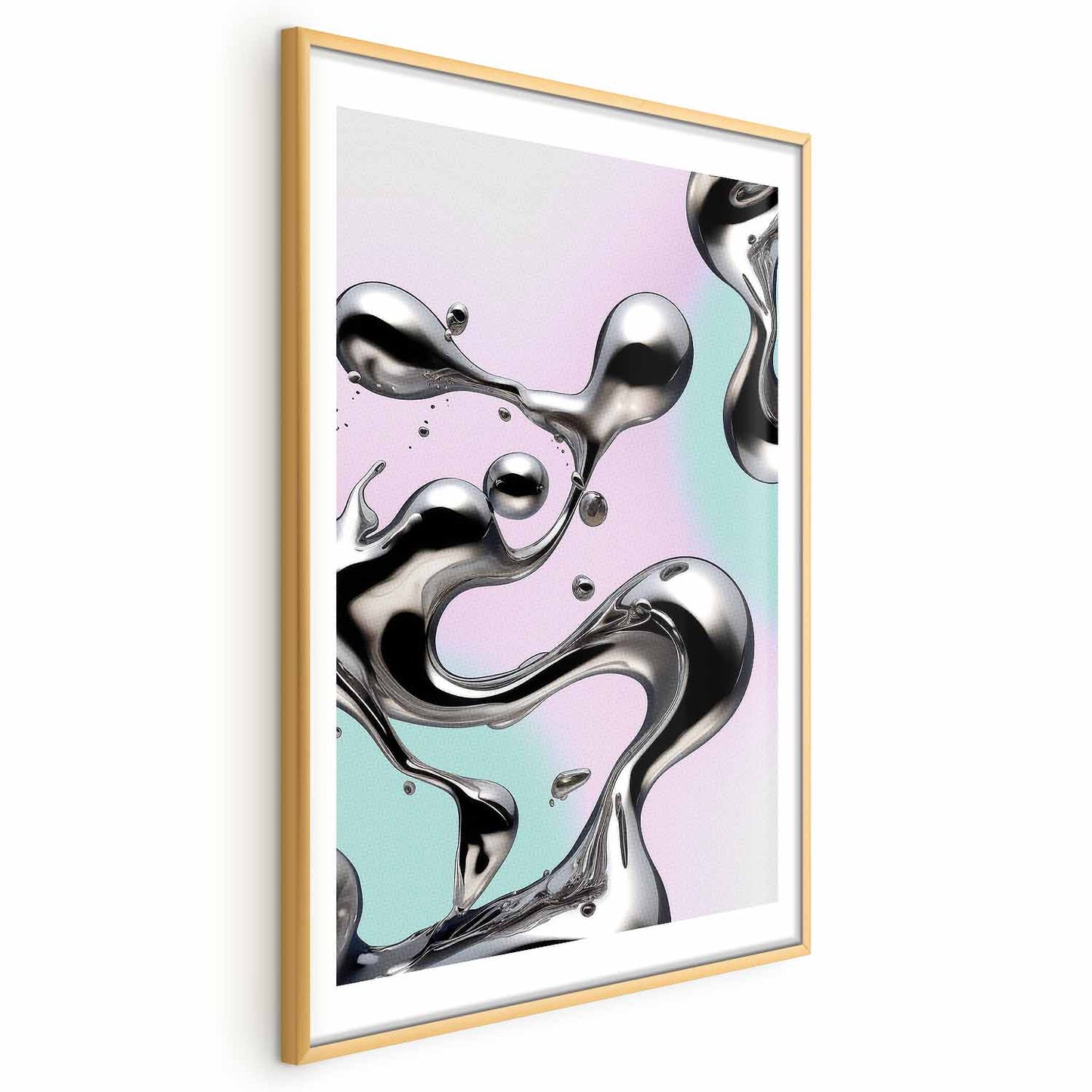 Póster - Fluidez metálica: formas abstractas plateadas sobre un fondo morado menta.
