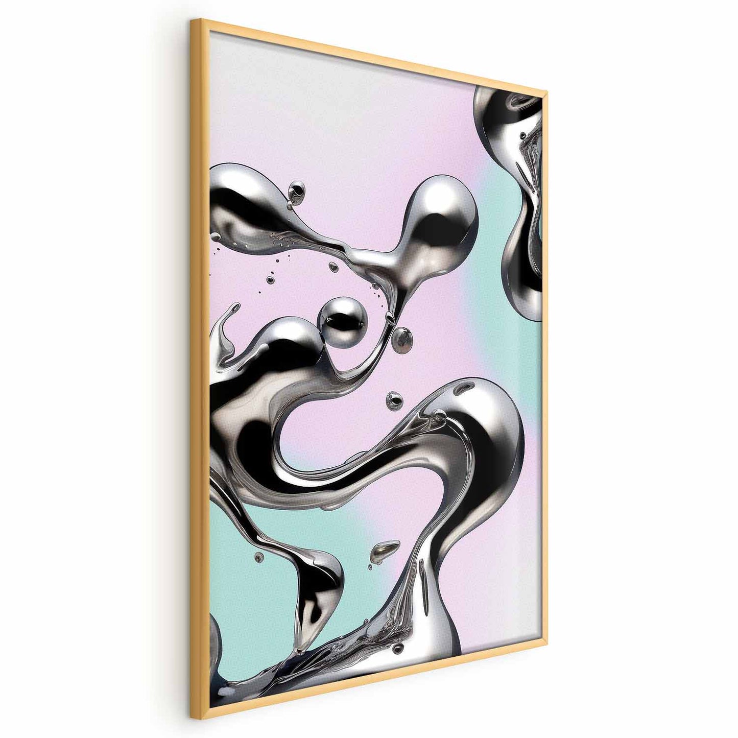 Póster - Fluidez metálica: formas abstractas plateadas sobre un fondo morado menta.