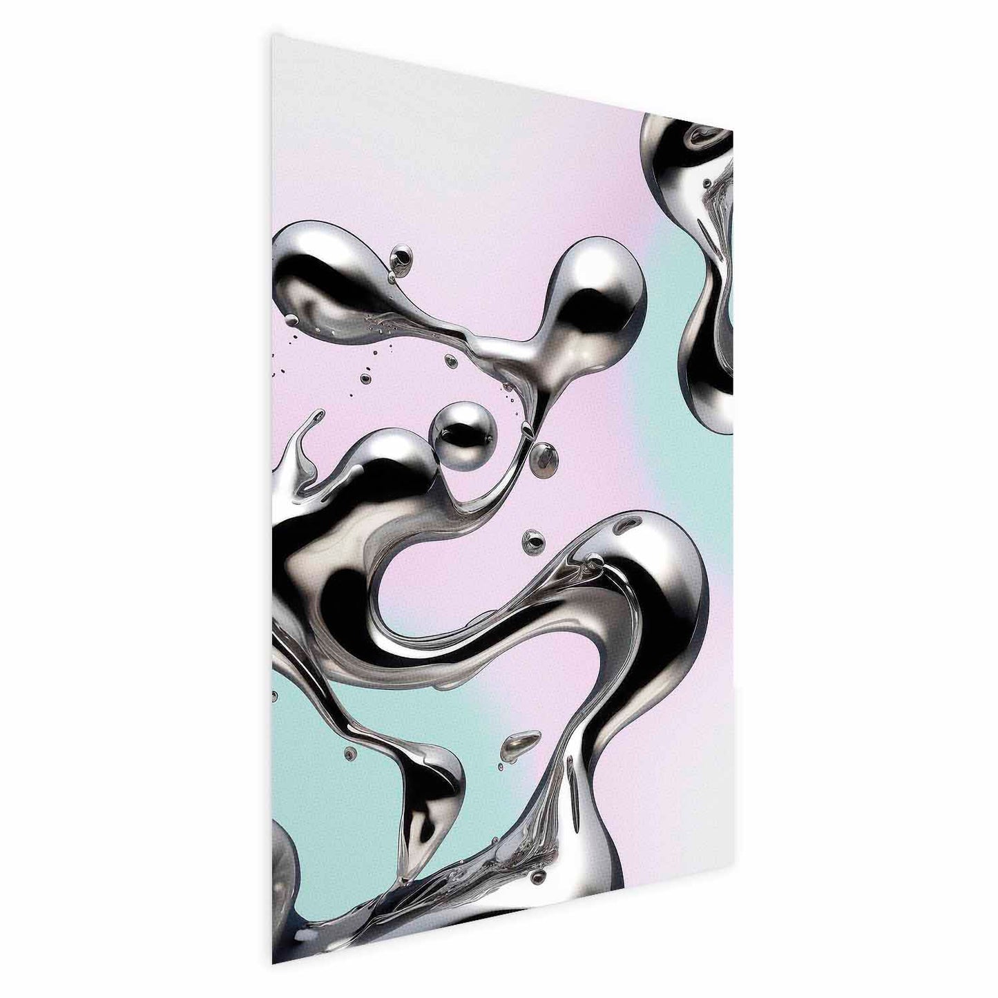 Póster - Fluidez metálica: formas abstractas plateadas sobre un fondo morado menta.