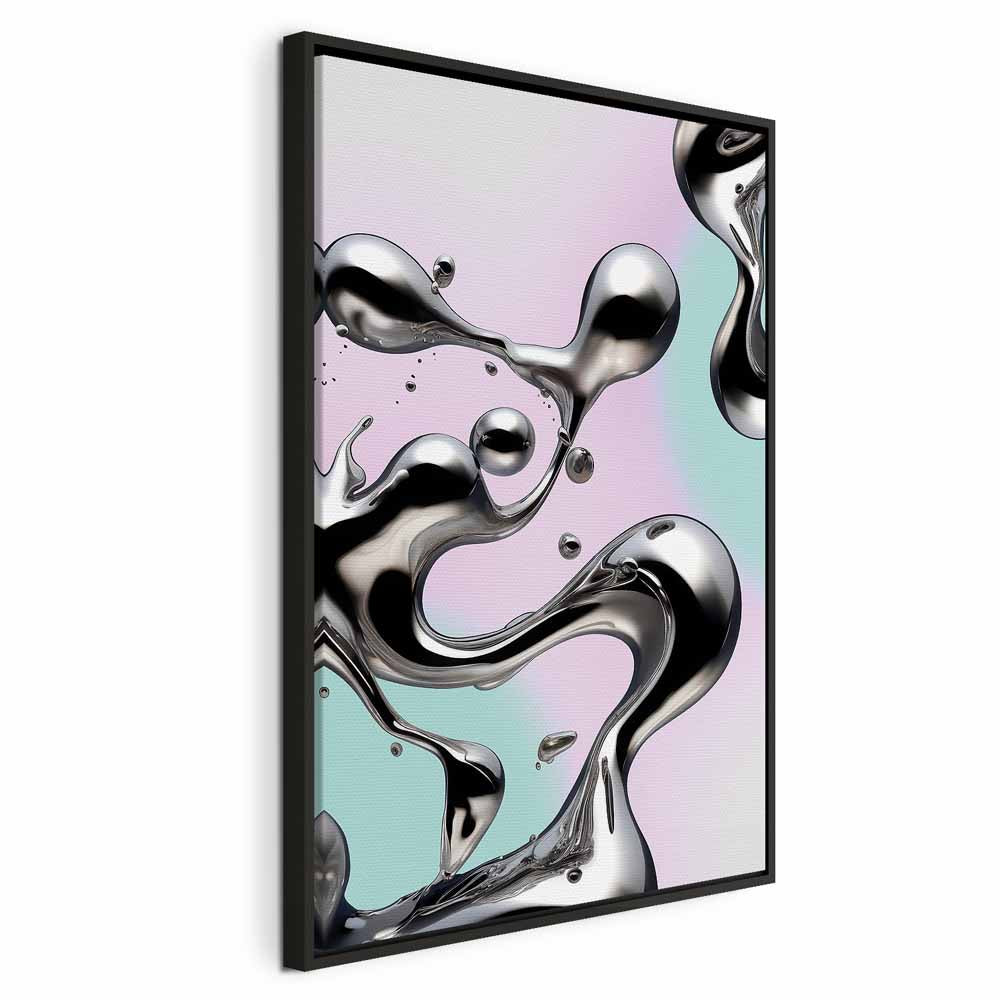 Impresión en lienzo - Fluidez metálica - Formas abstractas plateadas sobre un fondo morado menta