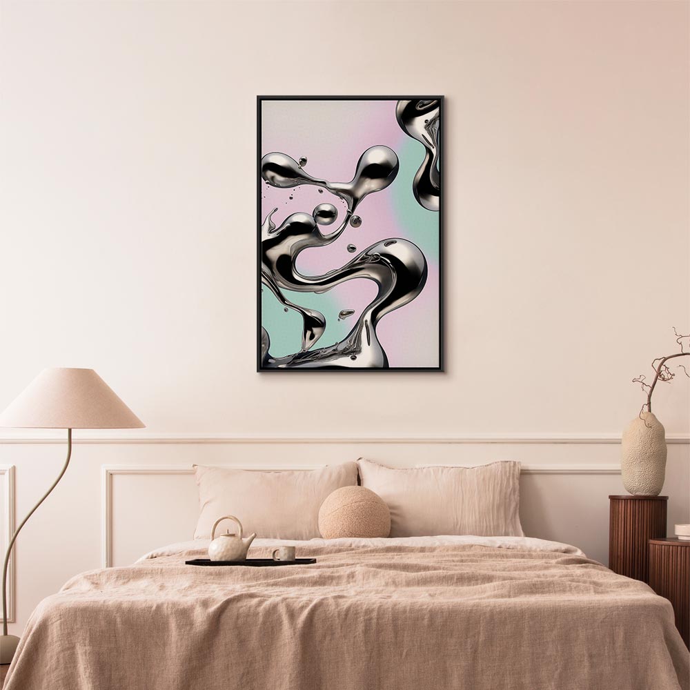 Impresión en lienzo - Fluidez metálica - Formas abstractas plateadas sobre un fondo morado menta