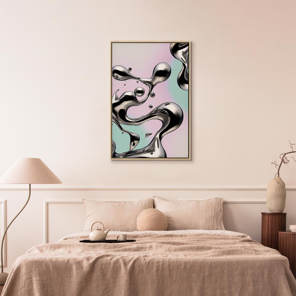 Impresión en lienzo - Fluidez metálica - Formas abstractas plateadas sobre un fondo morado menta