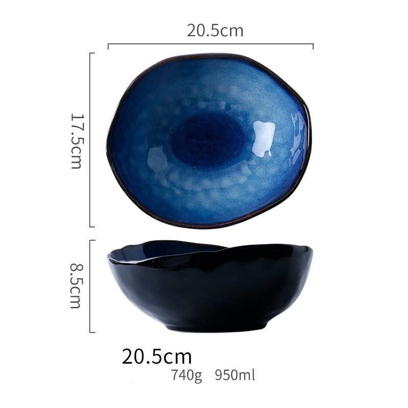 Blue ceramic dish. Irregular artistic flat plates