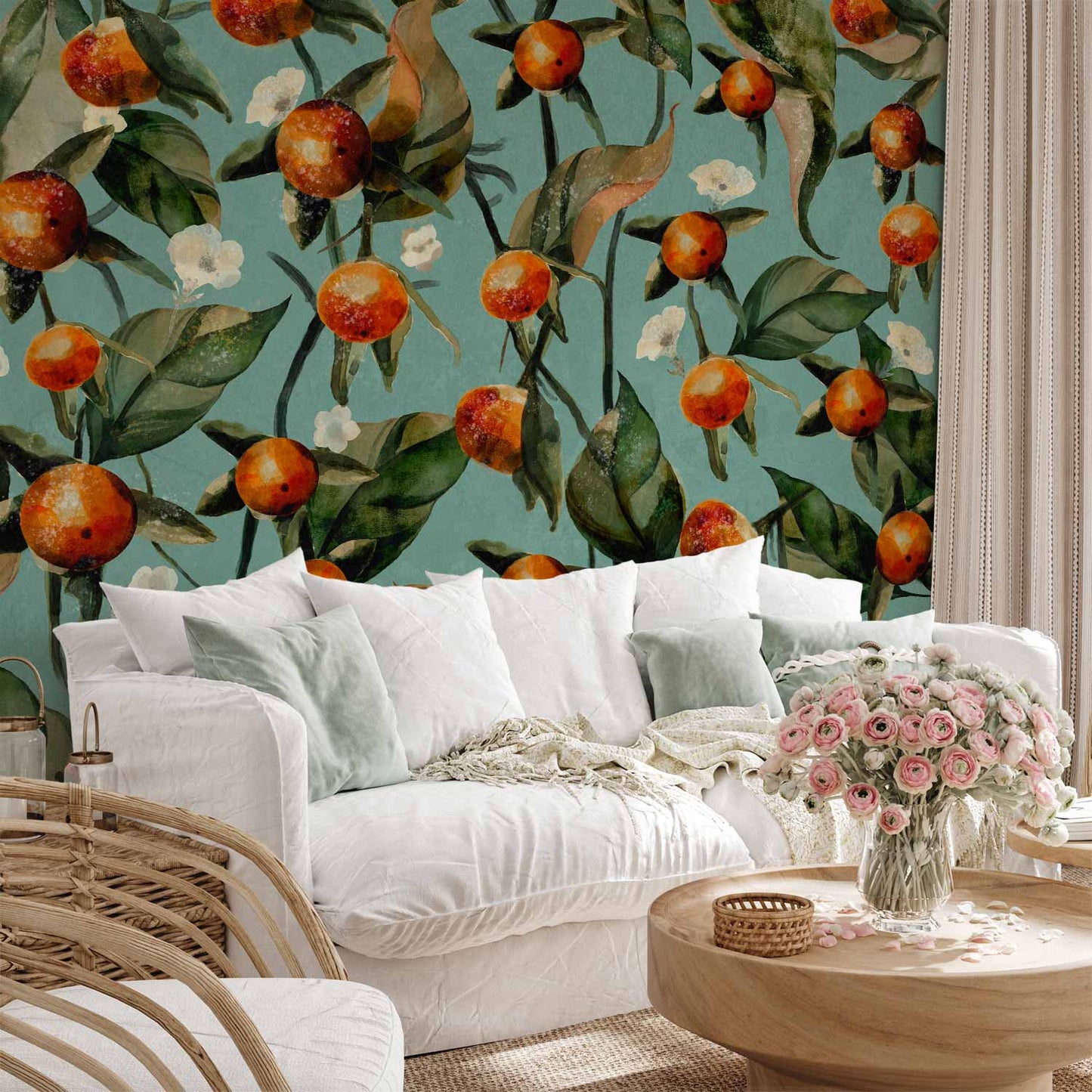 Wall Mural - Orange grove - plant motif with fruit and leaves on a blue background