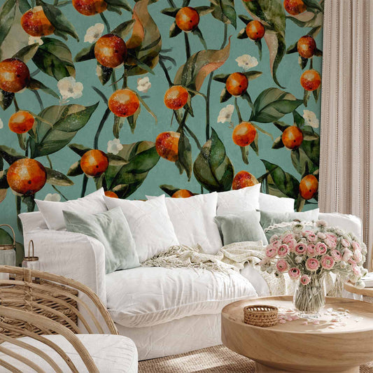 Wall Mural - Orange grove - plant motif with fruit and leaves on a blue background