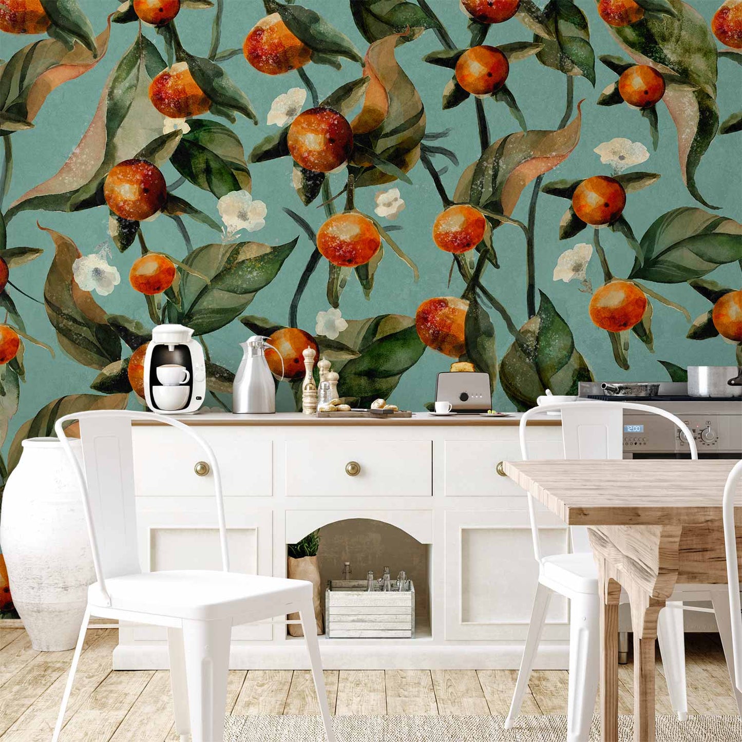 Wall Mural - Orange grove - plant motif with fruit and leaves on a blue background