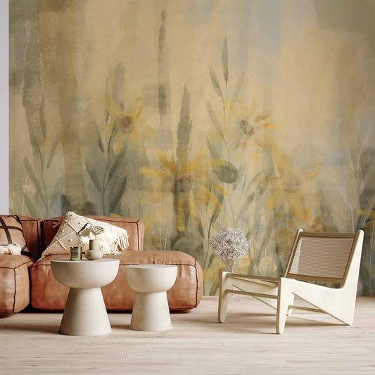 Wall Mural - A touch of summer - floral motif with a meadow full of yellow flowers and grasses
