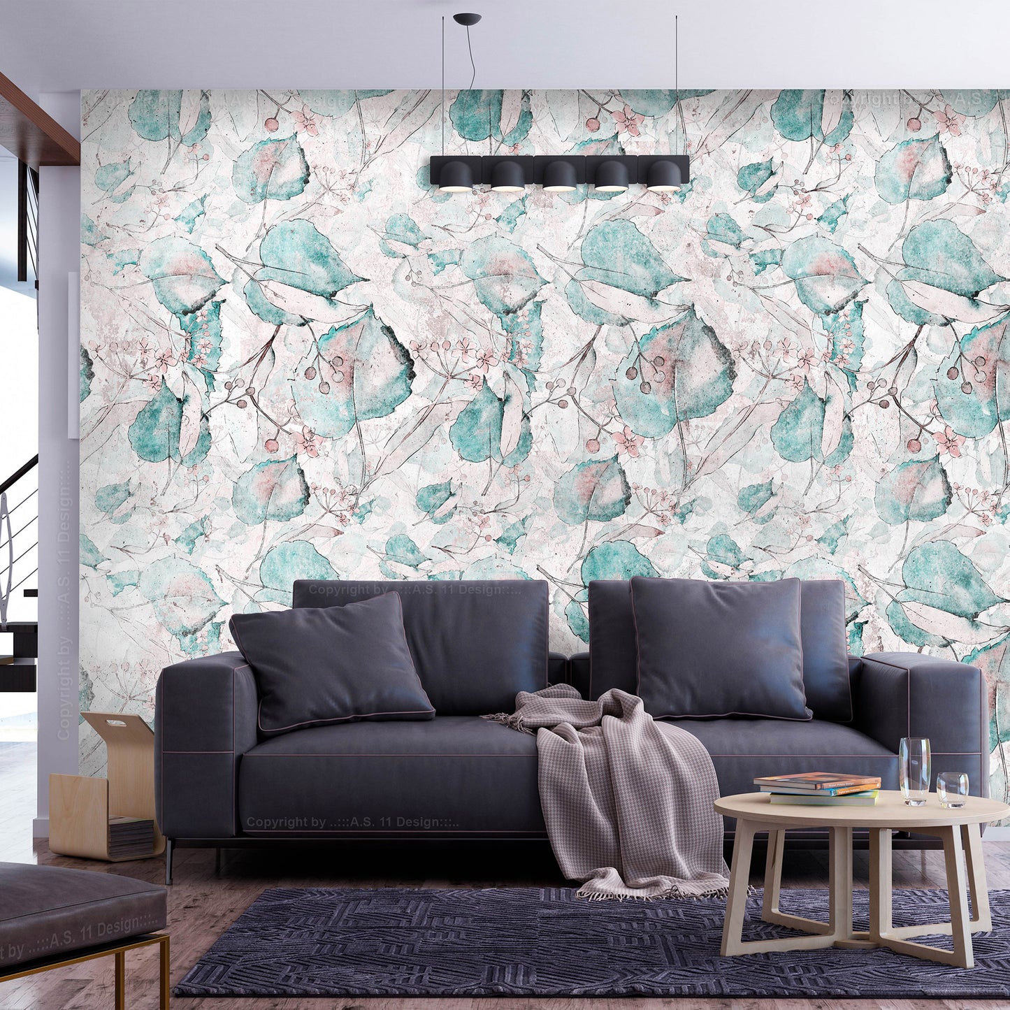Wall Mural - Autumn souvenirs - floral pattern with turquoise leaves