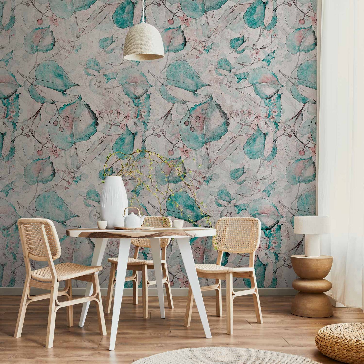 Wall Mural - Autumn souvenirs - floral pattern with turquoise leaves