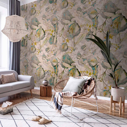 Wall Mural - Green and yellow autumn souvenirs - floral design with leaves