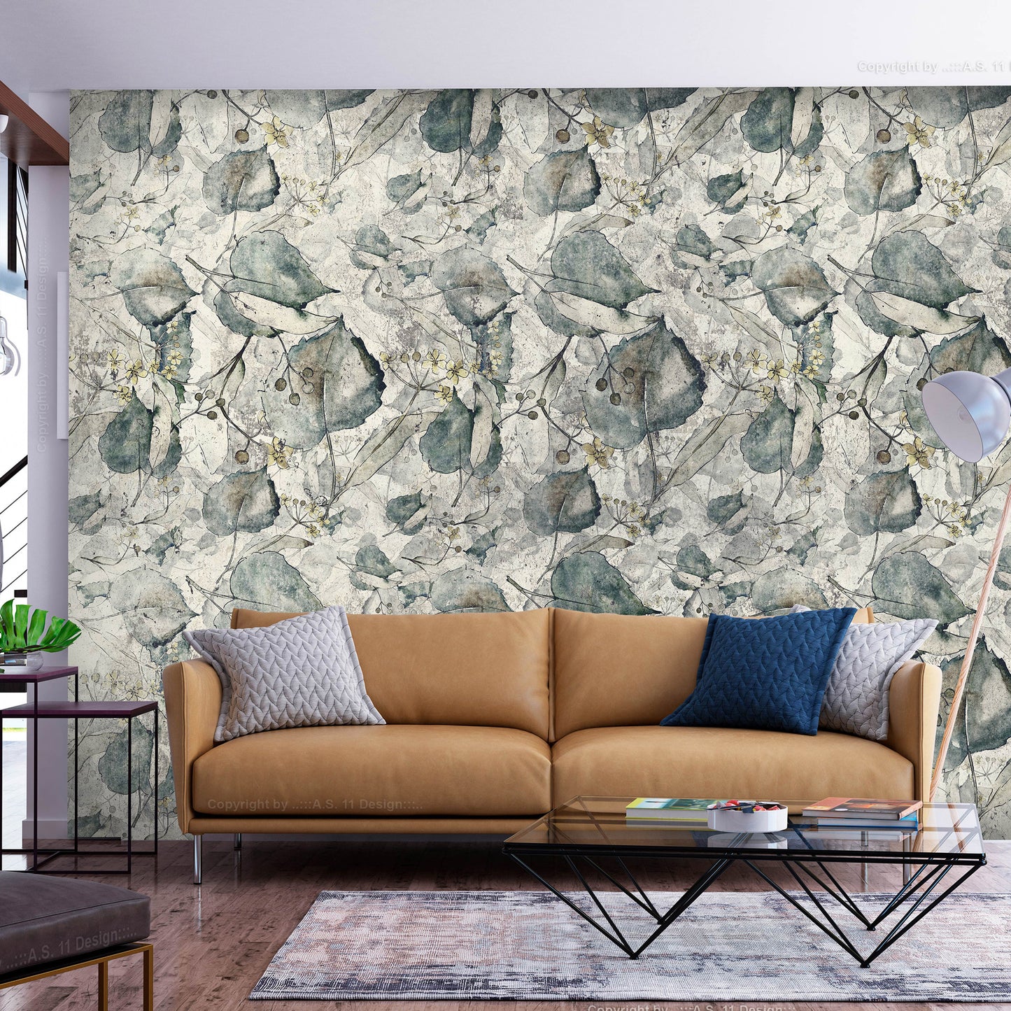 Wall Mural - Autumn souvenirs - cool grey floral pattern with leaves
