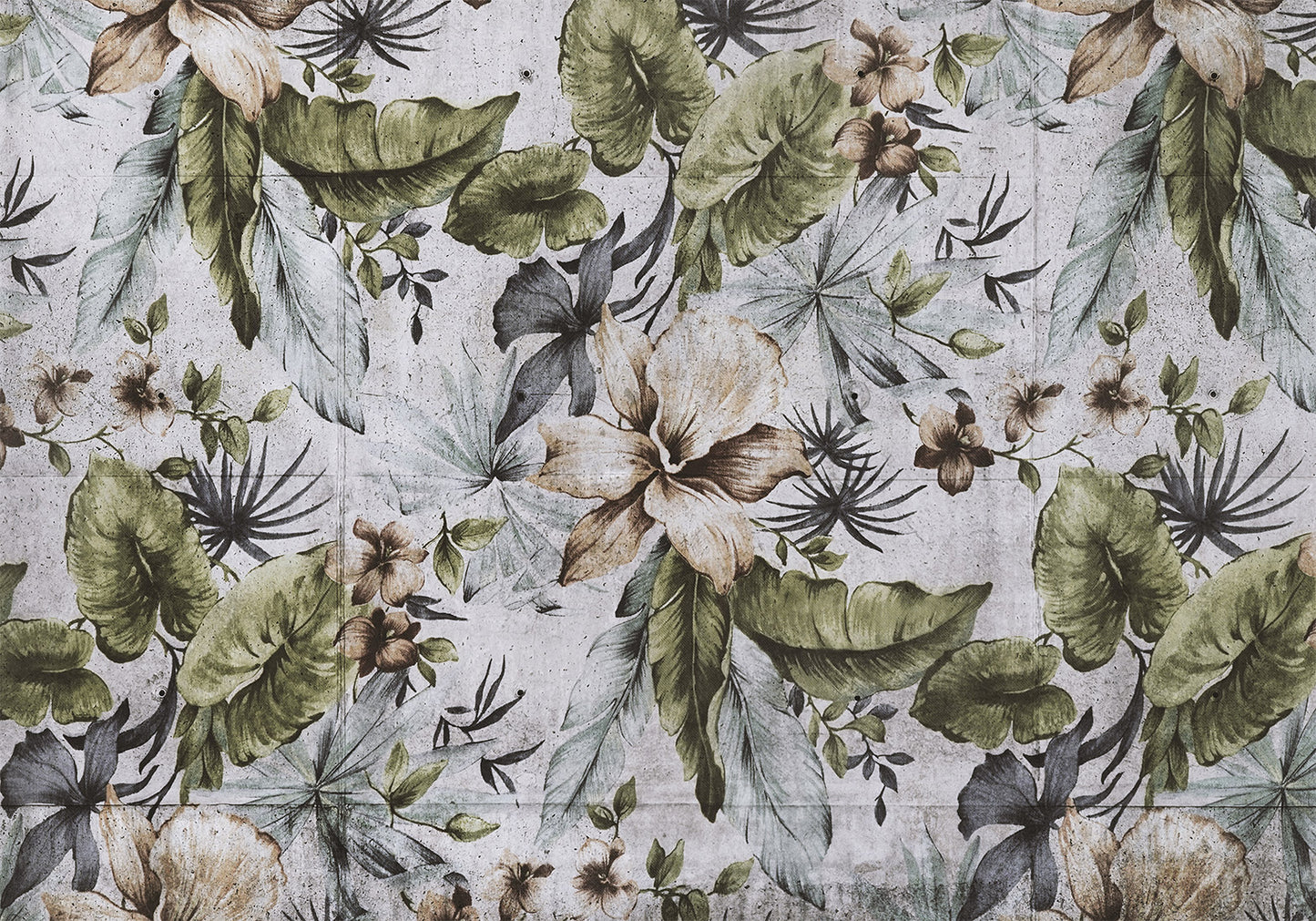 Wall Mural - Nature in retro style - jungle landscape with pale leaves and flowers