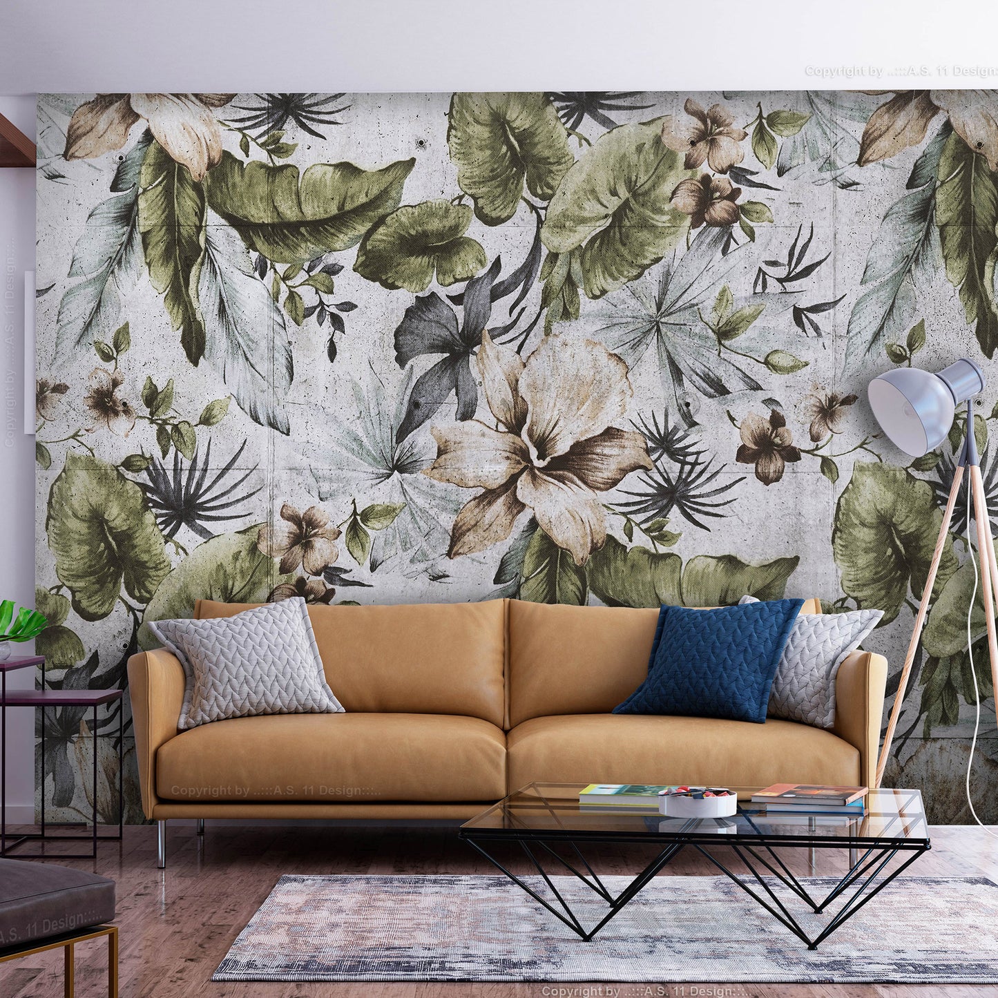 Wall Mural - Nature in retro style - jungle landscape with pale leaves and flowers