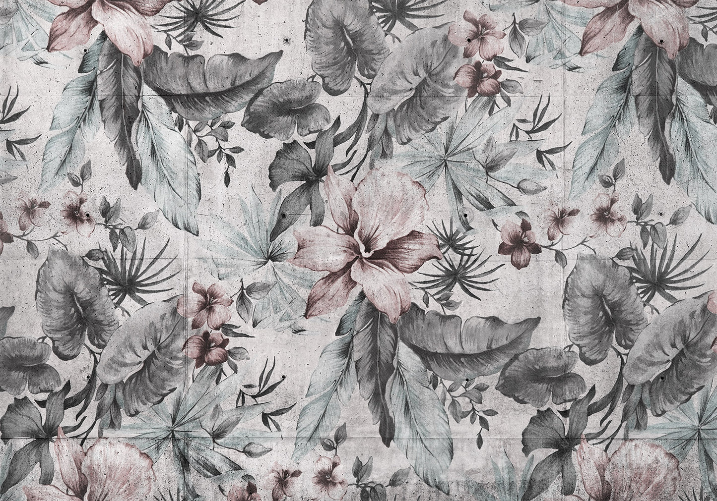 Wall Mural - Nature in retro style - landscape with leaves and flowers in grey tones