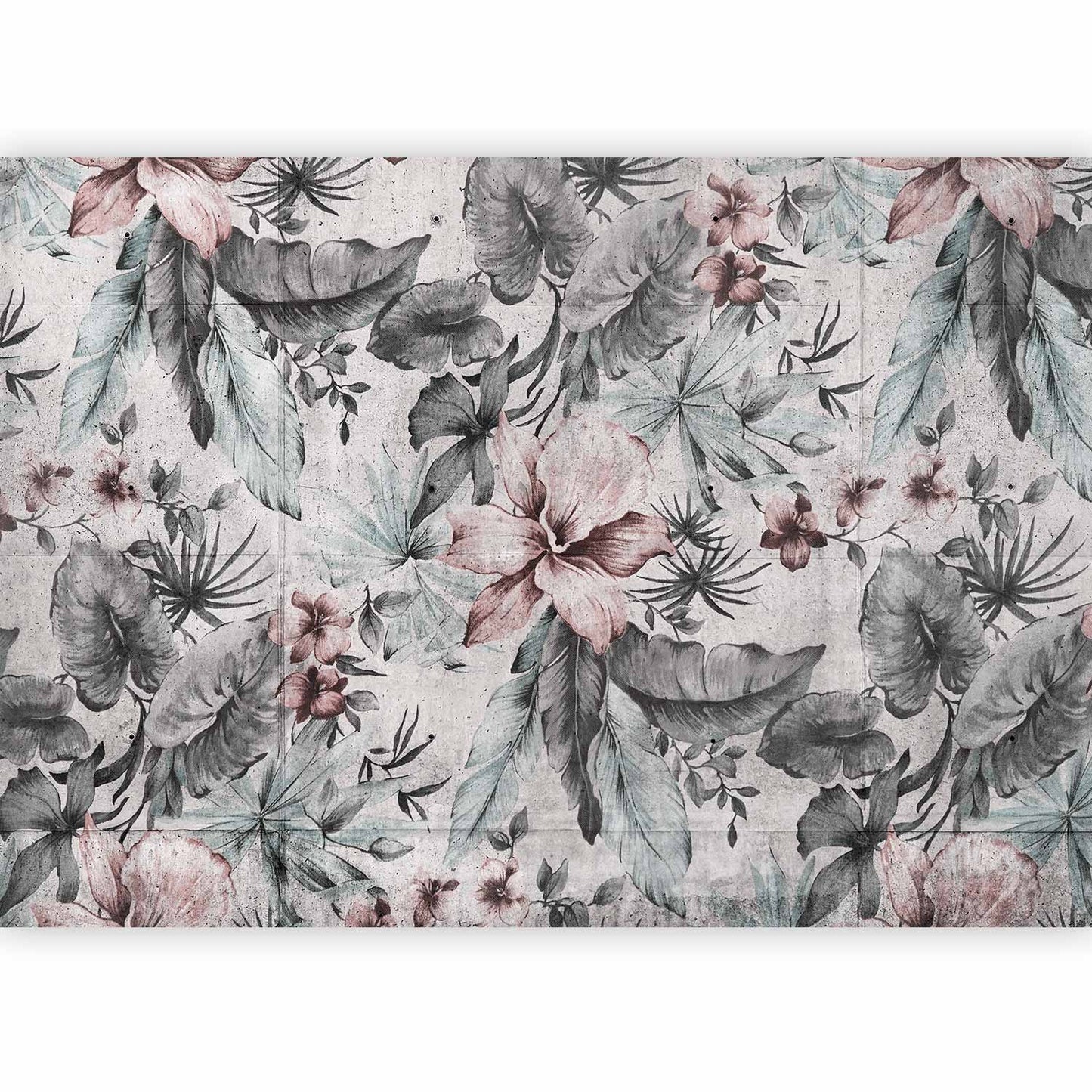 Wall Mural - Nature in retro style - landscape with leaves and flowers in grey tones