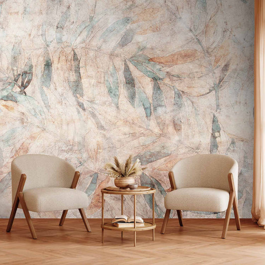 Wall Mural - Greek laurels - faded composition with leaves on a beige patterned background