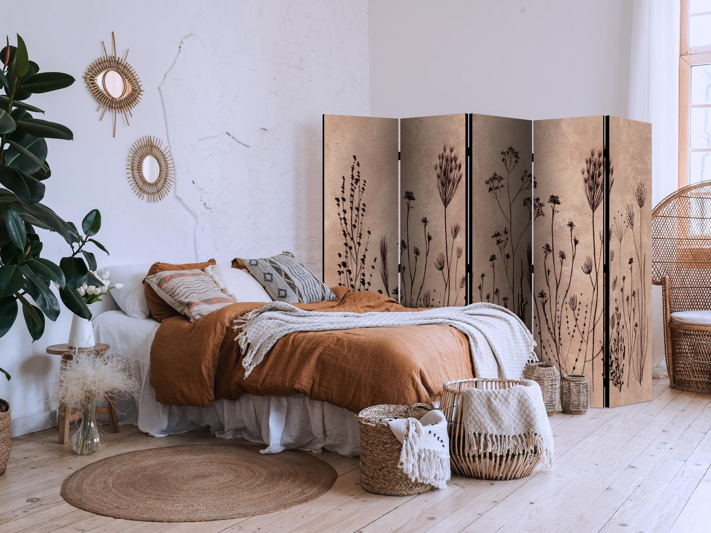 Biombo - Planta Vintage - Delicadas flores silvestres sobre fondo con técnica de lavado a la cal