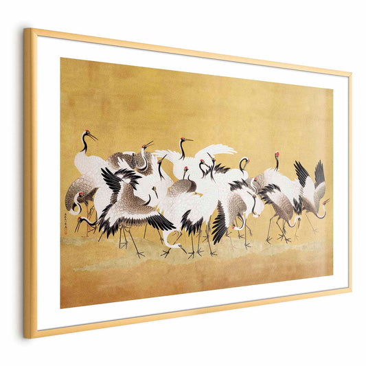 Poster - Japanese Cranes - a flock of birds against a golden background based on the painting of Ishida Y_tei