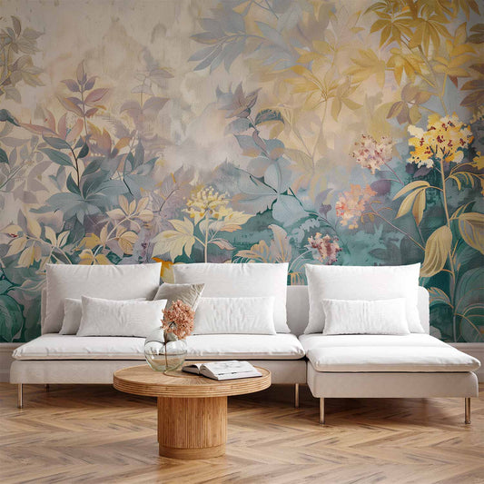 Mural de pared - Patrón de tapiz con un kilim de prado y flores con motivo primaveral