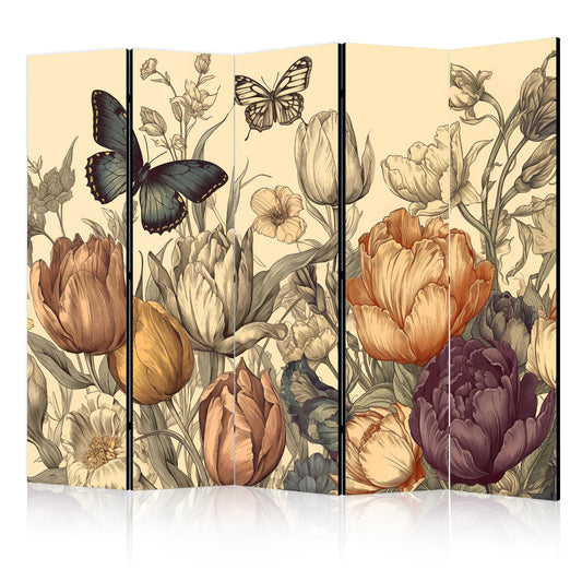 Room Divider - Tulips in Cream - Illustration of Flowers and Butterflies on a Light Background