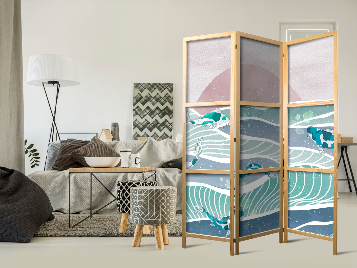 Japanese Room Divider - Picturesque Landscape with Fish - Sunset and Koi Fish in Shades of Turquoise and Blue Floating Above Water