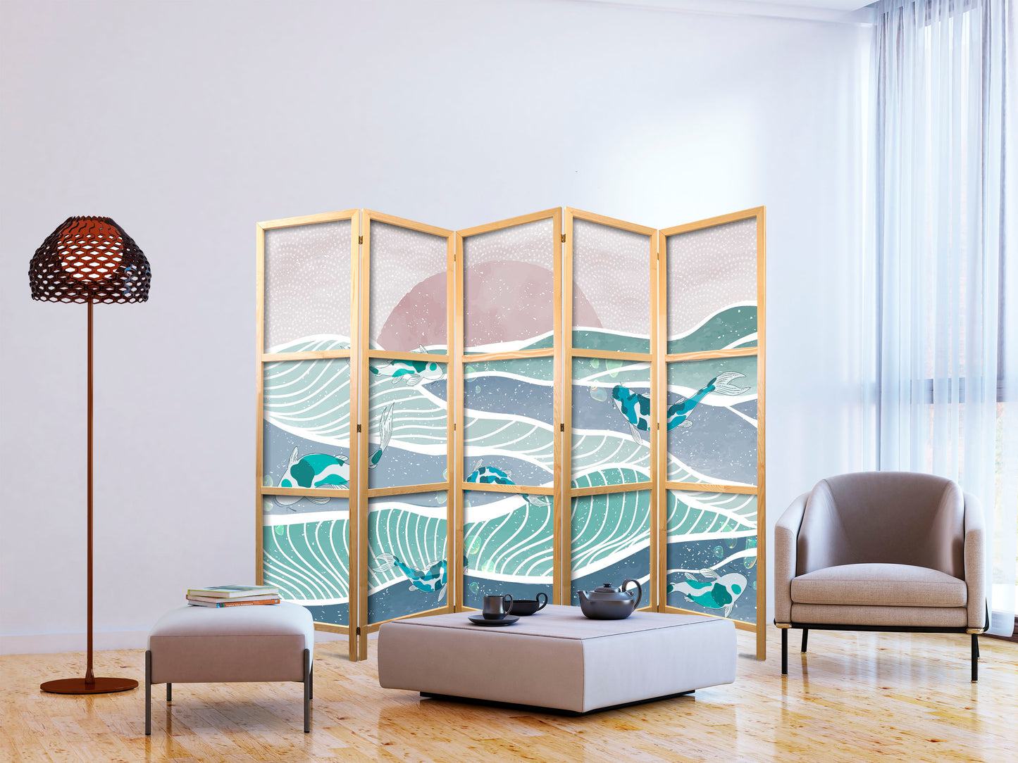 Japanese Room Divider - Picturesque Landscape with Fish - Sunset and Koi Fish in Shades of Turquoise and Blue Floating Above Water