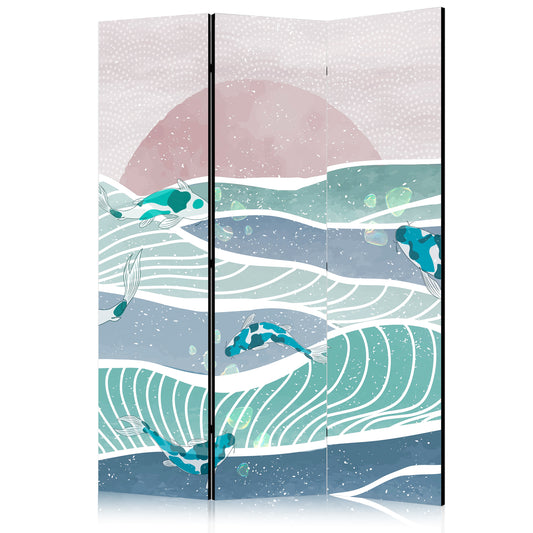 Room Divider - Picturesque Landscape With Fish - Sunset And Koi Fish in Shades of Turquoise And Blue. Floating Above The Water